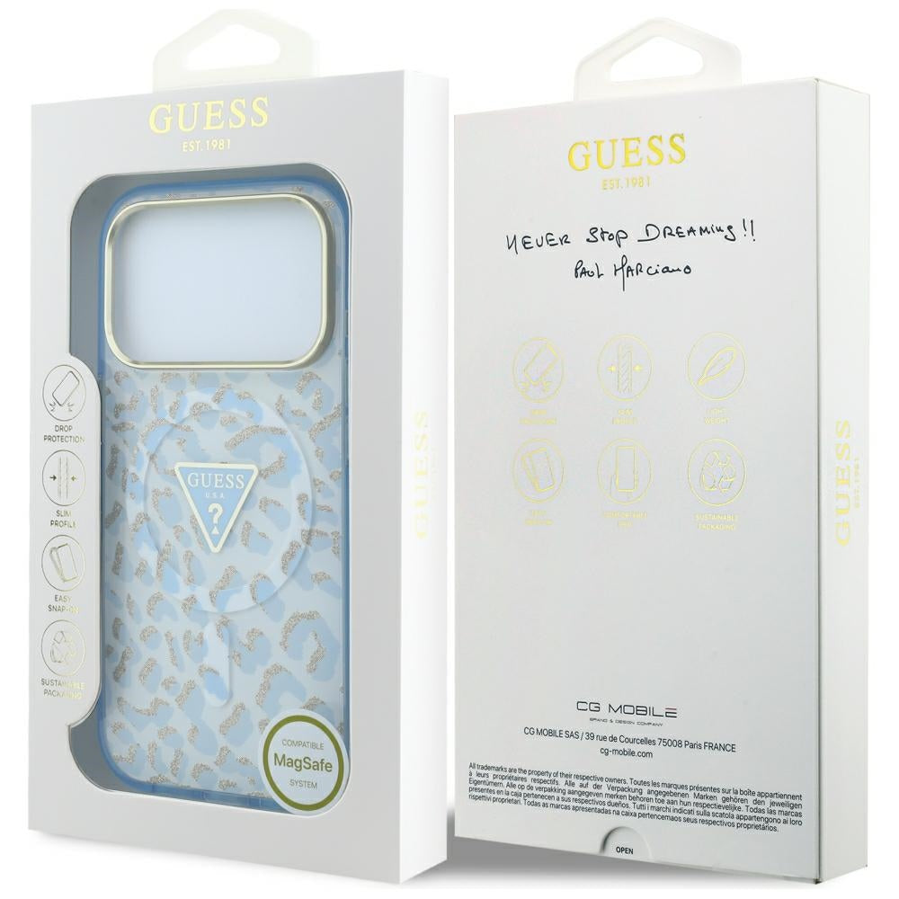 MagSafe-Hülle für Apple iPhone 18 Pro / 17 Pro, Guess, Leopard Glitter Dreieck Logo, Blau