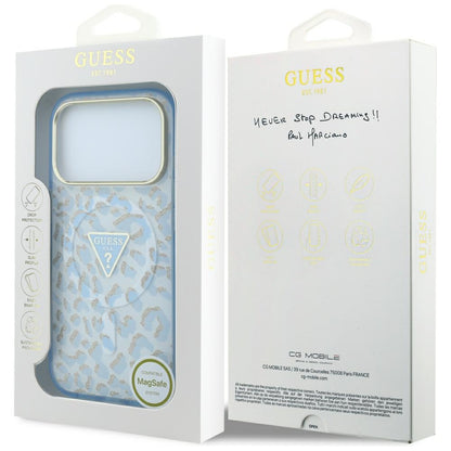 MagSafe-Hülle für Apple iPhone 18 Pro / 17 Pro, Guess, Leopard Glitter Dreieck Logo, Blau