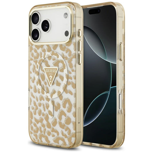 MagSafe-Hülle für Apple iPhone 18 Pro / 17 Pro, Guess, Leopard Glitter Dreieck Logo, Braun