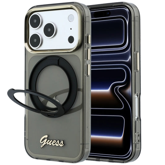 MagSafe-Hülle für Apple iPhone 18 Pro / 17 Pro, Guess, Ring Stand Script Metall-Logo, Schwarz