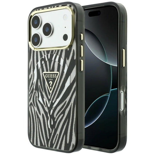 MagSafe-Hülle für Apple iPhone 18 Pro / 17 Pro, Guess, Zebra Glitter Dreieck Logo, Silber