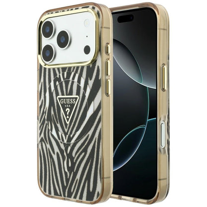 MagSafe-Hülle für Apple iPhone 18 Pro / 17 Pro, Guess, Zebra Glitter Dreieck Logo, Gold