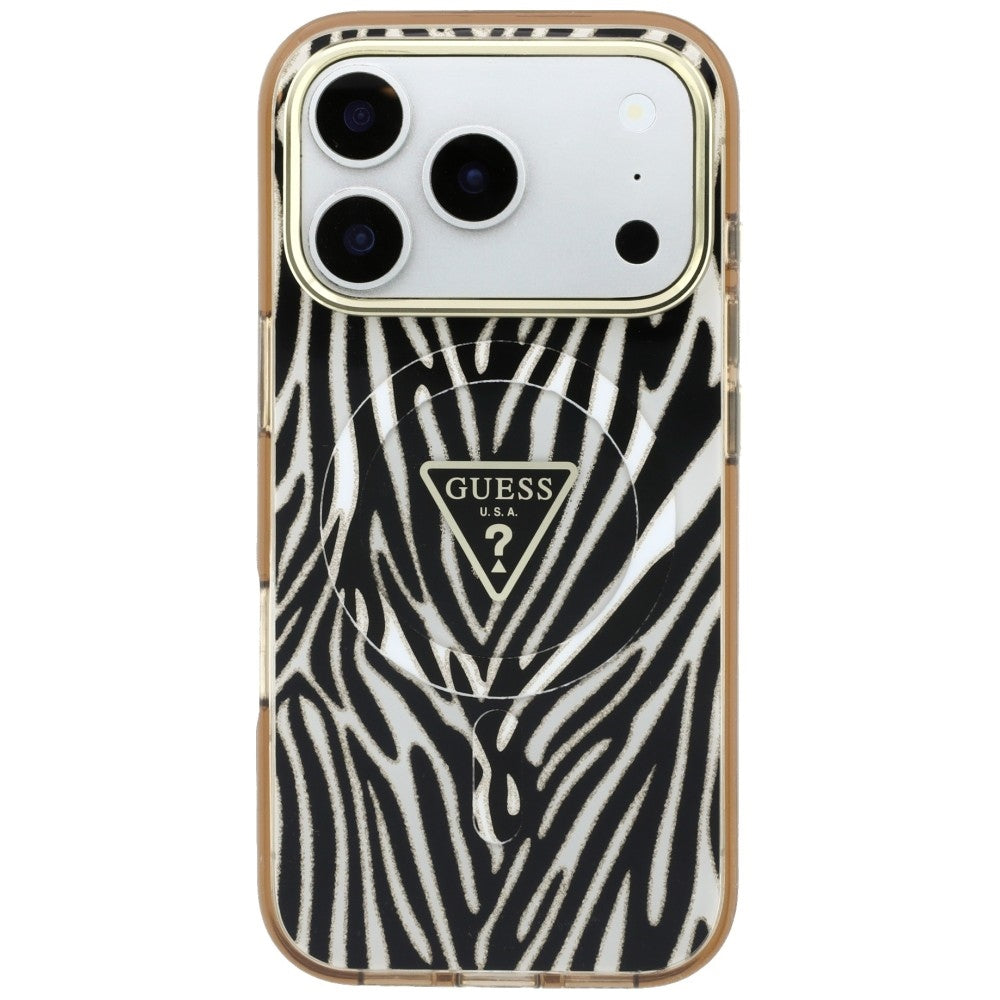 MagSafe-Hülle für Apple iPhone 18 Pro / 17 Pro, Guess, Zebra Glitter Dreieck Logo, Gold