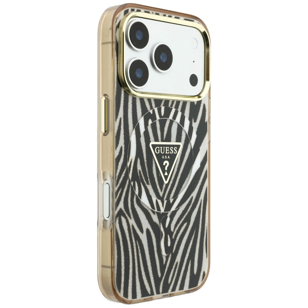 MagSafe-Hülle für Apple iPhone 18 Pro / 17 Pro, Guess, Zebra Glitter Dreieck Logo, Gold