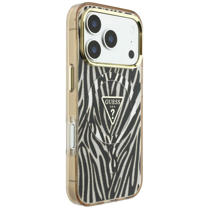 MagSafe-Hülle für Apple iPhone 18 Pro / 17 Pro, Guess, Zebra Glitter Dreieck Logo, Gold