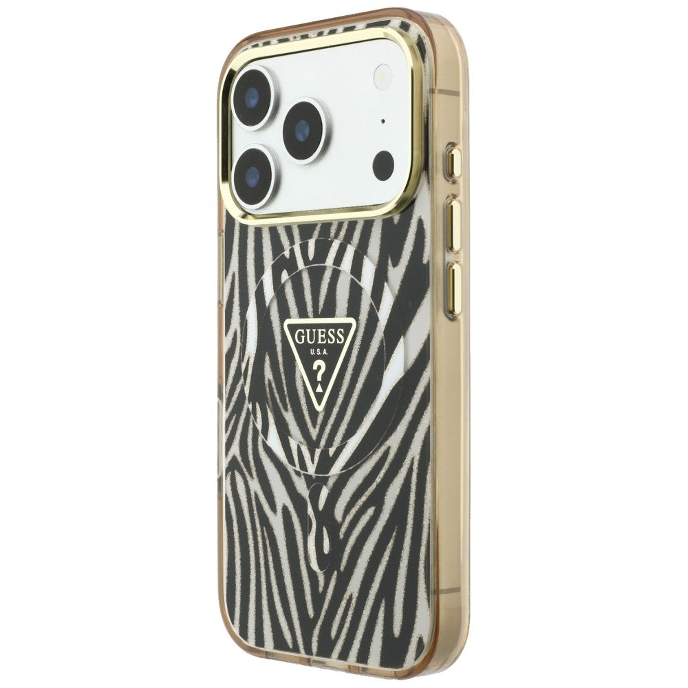MagSafe-Hülle für Apple iPhone 18 Pro / 17 Pro, Guess, Zebra Glitter Dreieck Logo, Gold
