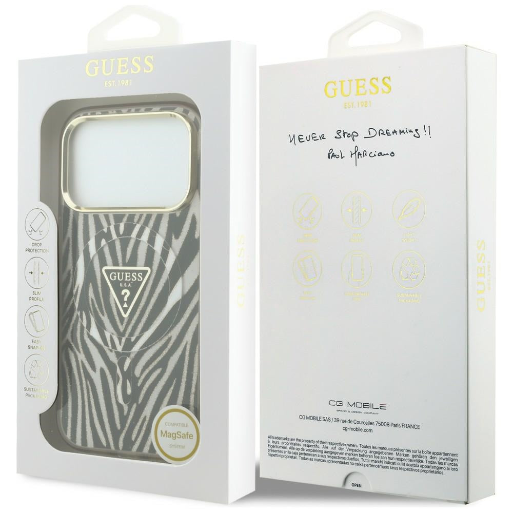 MagSafe-Hülle für Apple iPhone 18 Pro / 17 Pro, Guess, Zebra Glitter Dreieck Logo, Gold