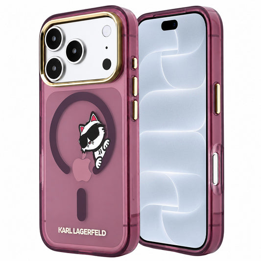MagSafe-Hülle für Apple iPhone 18 Pro / 17 Pro, Karl Lagerfeld, IML Peekaboo Print and Metal Frame, Burgunderrot