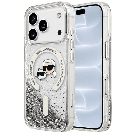 MagSafe-Hülle für Apple iPhone 18 Pro / 17 Pro, Karl Lagerfeld, Liquid Glitter Karl & Choupette Head's, Transparent