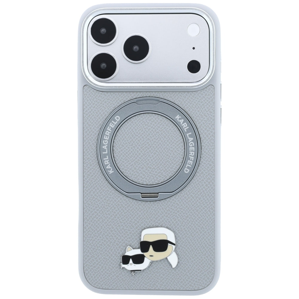 MagSafe-Hülle für Apple iPhone 18 Pro / 17 Pro, Karl Lagerfeld, Ring Stand 360 Karl & Choupette Pin, Grau