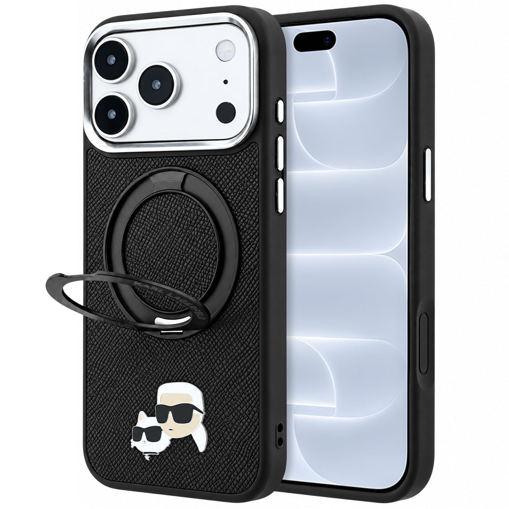 MagSafe-Hülle für Apple iPhone 18 Pro / 17 Pro, Karl Lagerfeld, Ring Stand 360 Karl & Choupette Pin, Schwarz