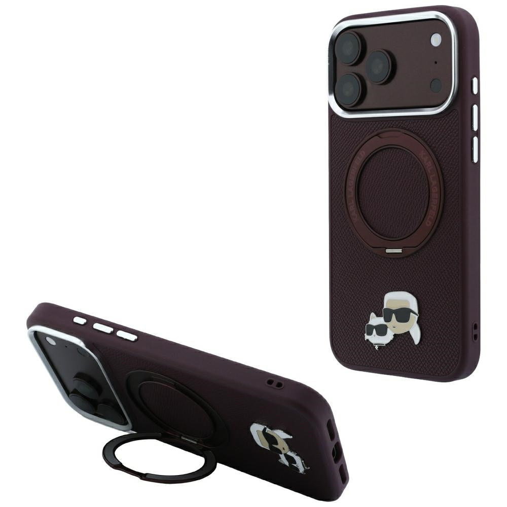 MagSafe Case for Apple iPhone 18 Pro / 17 Pro, Karl Lagerfeld, Ring Stand 360 Karl & Choupette Pin, Burgundy
