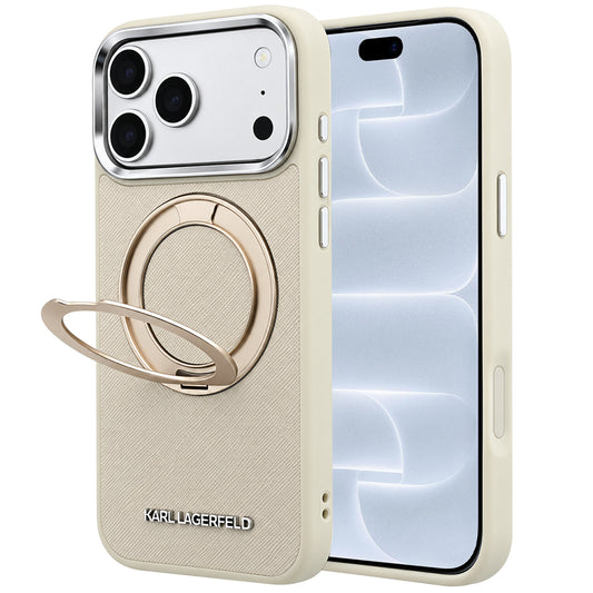 MagSafe-Hülle für Apple iPhone 18 Pro / 17 Pro, Karl Lagerfeld, Ring Stand 360 Saffiano, Beige