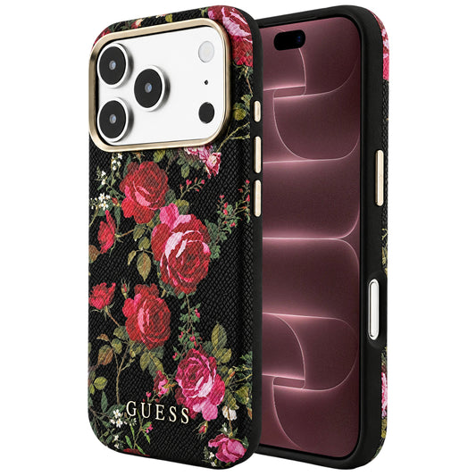 MagSafe-Hülle für Apple iPhone 18 Pro Max / 17 Pro Max, Guess, Blossom Roses Print, Schwarz