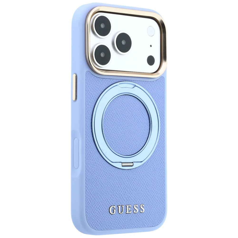 MagSafe-Hülle für Apple iPhone 18 Pro Max / 17 Pro Max, Guess, Grained Ring Stand 360 Classic, Bleu