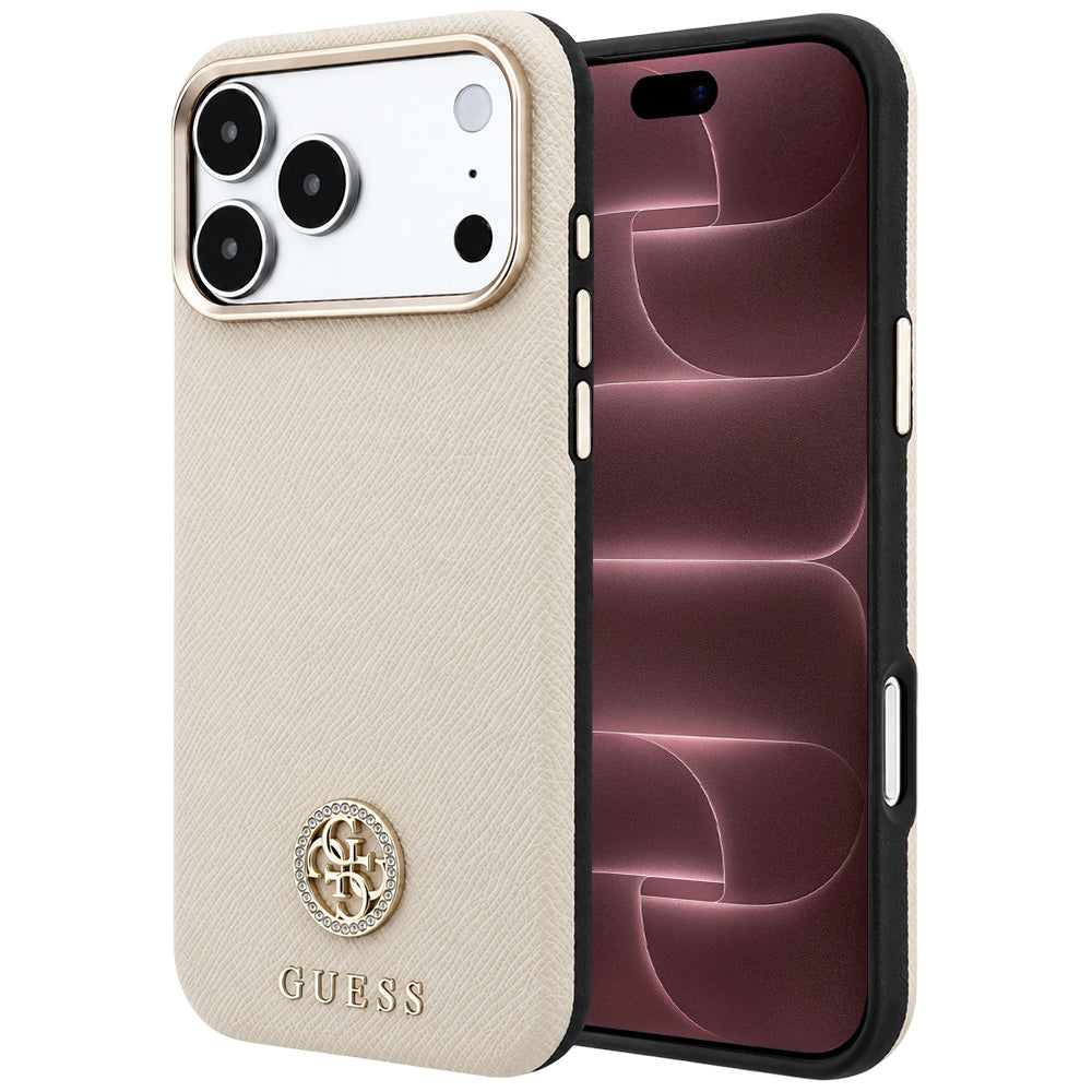 MagSafe-Hülle für Apple iPhone 18 Pro Max / 17 Pro Max, Guess, genarbtes rundes Strass-Logo, Beige
