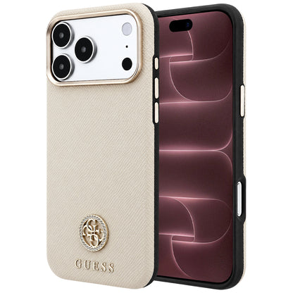 MagSafe-Hülle für Apple iPhone 18 Pro Max / 17 Pro Max, Guess, genarbtes rundes Strass-Logo, Beige