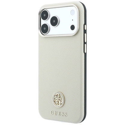 MagSafe-Hülle für Apple iPhone 18 Pro Max / 17 Pro Max, Guess, genarbtes rundes Strass-Logo, Beige