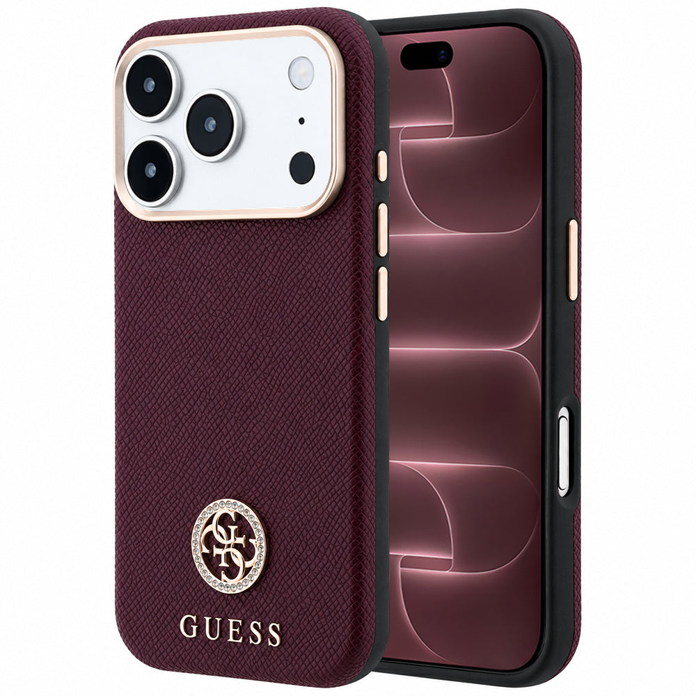 MagSafe-Hülle für Apple iPhone 18 Pro Max / 17 Pro Max, Guess, genarbtes rundes Strass-Logo, Weinrot