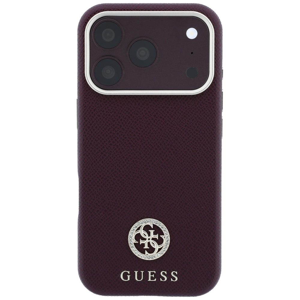 MagSafe-Hülle für Apple iPhone 18 Pro Max / 17 Pro Max, Guess, genarbtes rundes Strass-Logo, Weinrot