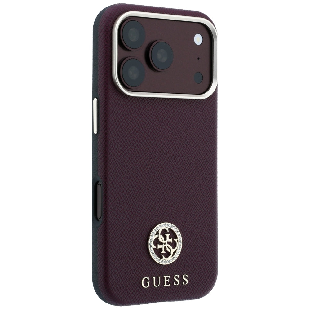 MagSafe-Hülle für Apple iPhone 18 Pro Max / 17 Pro Max, Guess, genarbtes rundes Strass-Logo, Weinrot
