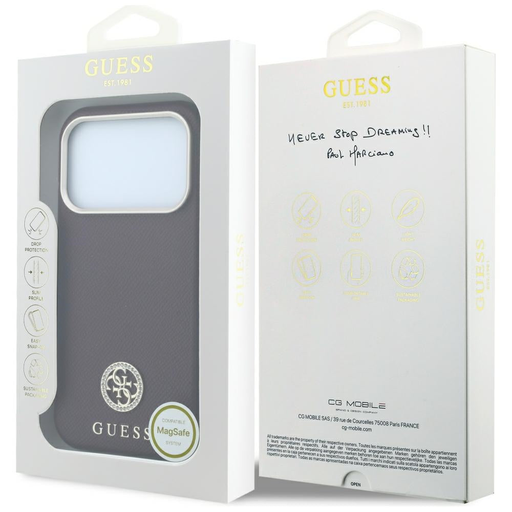 MagSafe-Hülle für Apple iPhone 18 Pro Max / 17 Pro Max, Guess, genarbtes rundes Strass-Logo, Weinrot