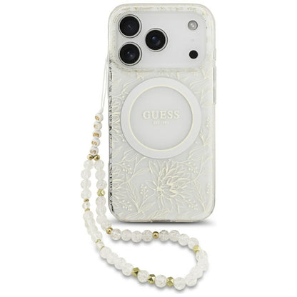 MagSafe-Hülle für Apple iPhone 18 Pro Max / 17 Pro Max, Guess, IML Flowers elektroplattiert mit Perlenriemen, Weiß