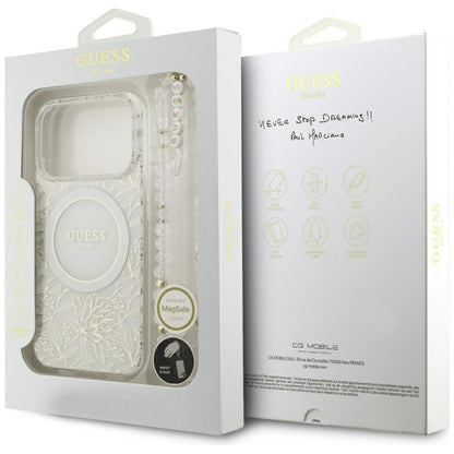 MagSafe-Hülle für Apple iPhone 18 Pro Max / 17 Pro Max, Guess, IML Flowers elektroplattiert mit Perlenriemen, Weiß