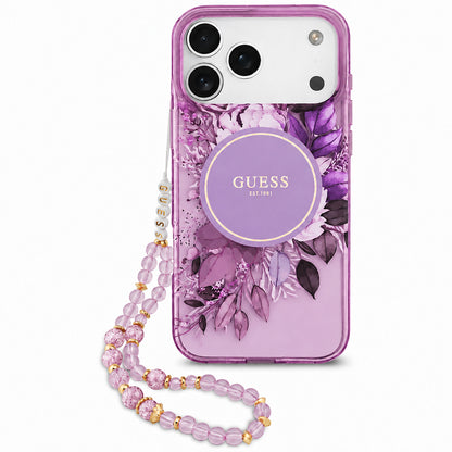 MagSafe Case for Apple iPhone 18 Pro Max / 17 Pro Max, Guess, IML Flowers with Pearl Strap, Purple