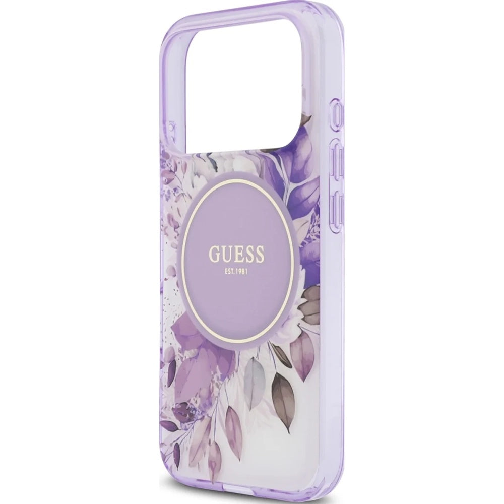 MagSafe Case for Apple iPhone 18 Pro Max / 17 Pro Max, Guess, IML Flowers with Pearl Strap, Purple