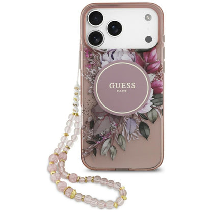 MagSafe Case for Apple iPhone 18 Pro Max / 17 Pro Max, Guess, IML Flowers with Pearl Strap, Pink