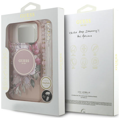 MagSafe Case for Apple iPhone 18 Pro Max / 17 Pro Max, Guess, IML Flowers with Pearl Strap, Pink