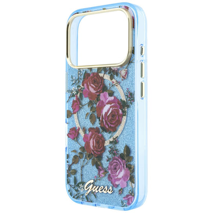 MagSafe Case for Apple iPhone 18 Pro Max / 17 Pro Max, Guess, IML Glitter Blossom Roses, Blue