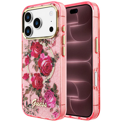 MagSafe-Hülle für Apple iPhone 18 Pro Max / 17 Pro Max, Guess, IML Glitter Blossom Roses, Rosa