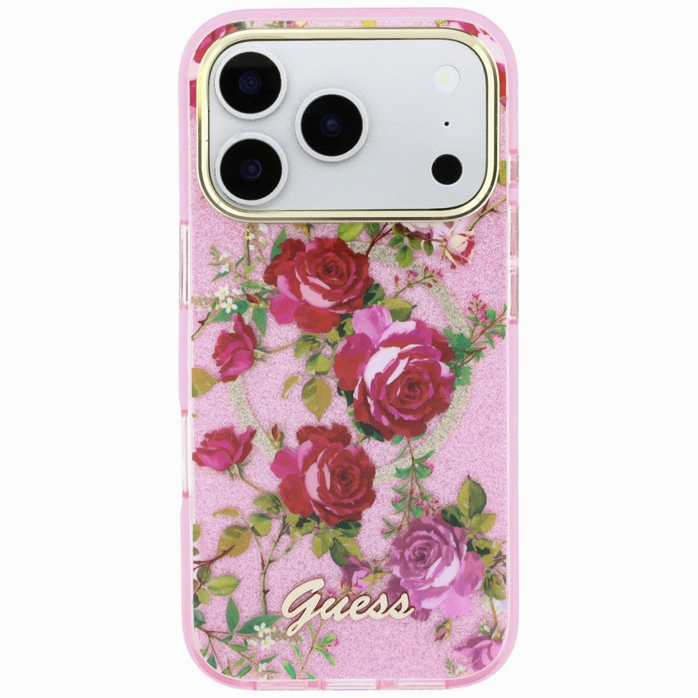 MagSafe-Hülle für Apple iPhone 18 Pro Max / 17 Pro Max, Guess, IML Glitter Blossom Roses, Rosa