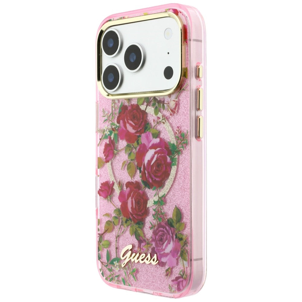MagSafe-Hülle für Apple iPhone 18 Pro Max / 17 Pro Max, Guess, IML Glitter Blossom Roses, Rosa