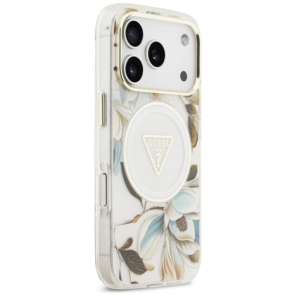 MagSafe Case for Apple iPhone 18 Pro Max / 17 Pro Max, Guess, IML Metal Glitter Flowers Triangle, White