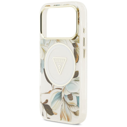 MagSafe Case for Apple iPhone 18 Pro Max / 17 Pro Max, Guess, IML Metal Glitter Flowers Triangle, White