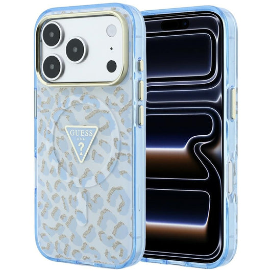 MagSafe-Hülle für Apple iPhone 18 Pro Max / 17 Pro Max, Guess, Leopard Glitter Dreieck-Logo, Blau