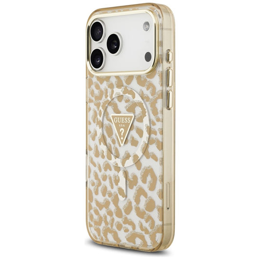 MagSafe-Hülle für Apple iPhone 18 Pro Max / 17 Pro Max, Guess, Leopard Glitter Dreieck Logo, Braun