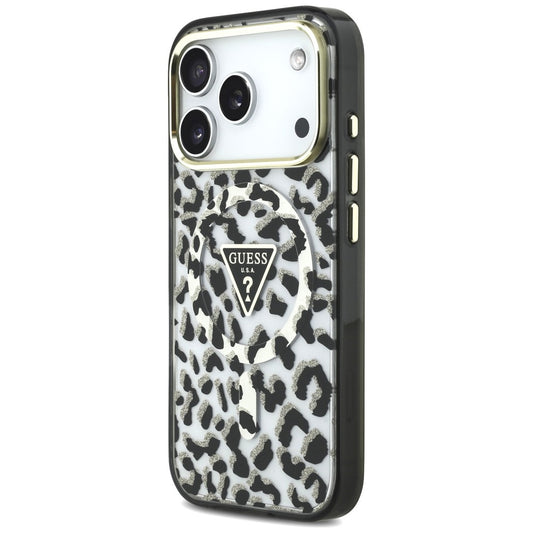 MagSafe-Hülle für Apple iPhone 18 Pro Max / 17 Pro Max, Guess, Leopard Glitter Dreieck Logo, Schwarz