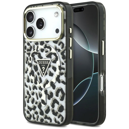 MagSafe-Hülle für Apple iPhone 18 Pro Max / 17 Pro Max, Guess, Leopard Glitter Dreieck Logo, Schwarz