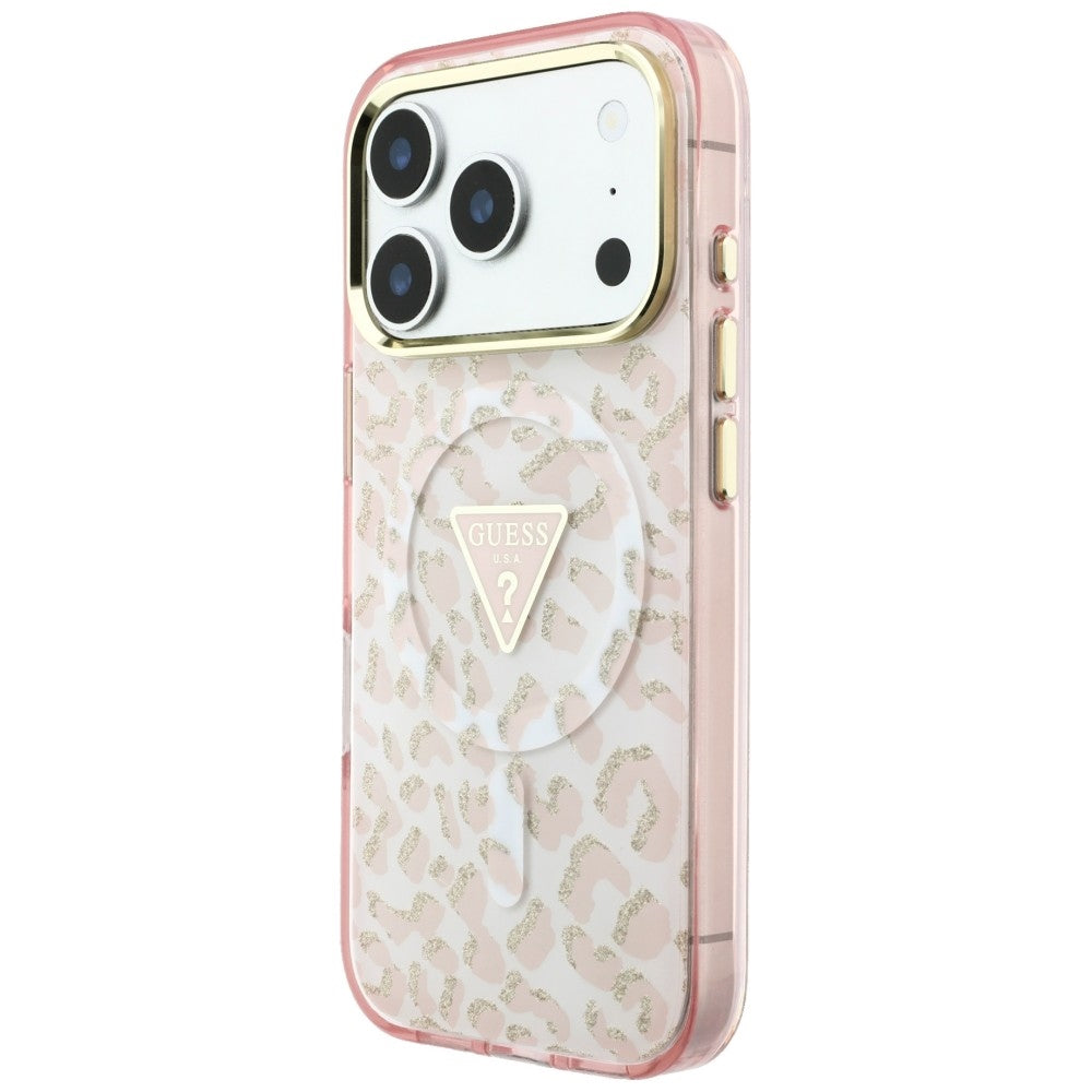 MagSafe-Hülle für Apple iPhone 18 Pro Max / 17 Pro Max, Guess, Leopard Glitter Dreieck Logo, Rosa