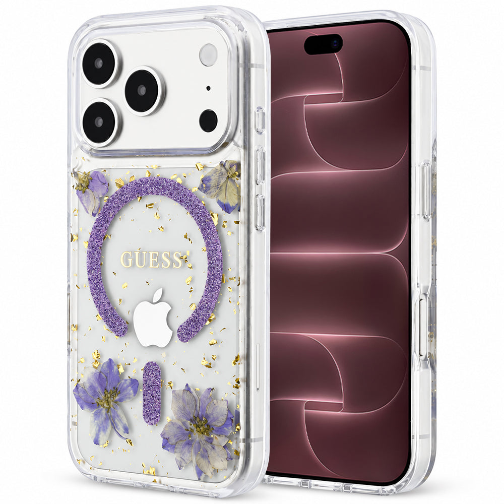 MagSafe-Hülle für Apple iPhone 18 Pro Max / 17 Pro Max, Guess, Harzblumen und Glitzer, Lila