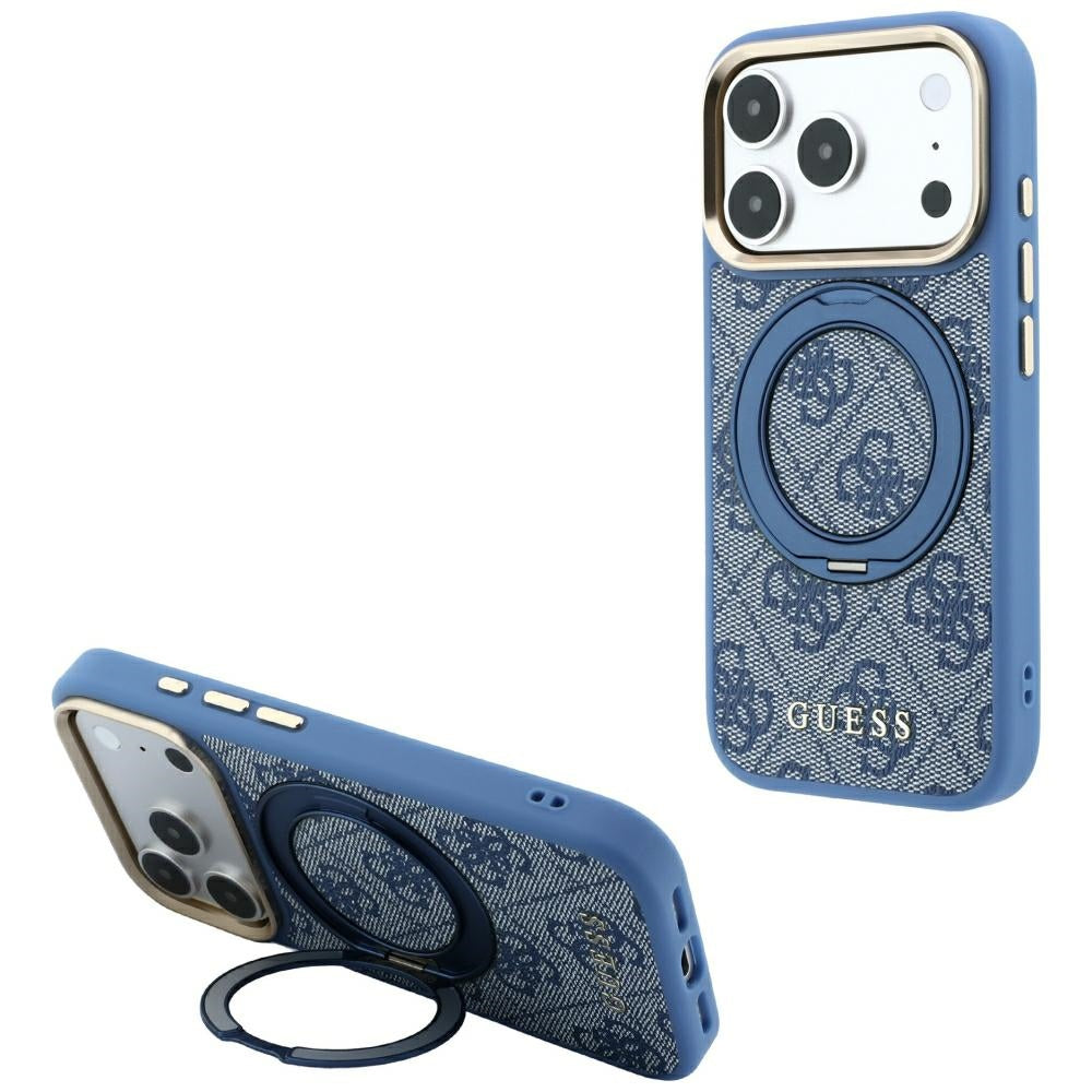 MagSafe-Hülle für Apple iPhone 18 Pro Max / 17 Pro Max, Guess, Ring Stand 360 4G Classic Logo, Blau