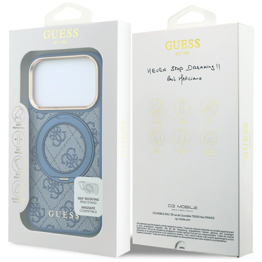 MagSafe-Hülle für Apple iPhone 18 Pro Max / 17 Pro Max, Guess, Ring Stand 360 4G Classic Logo, Blau