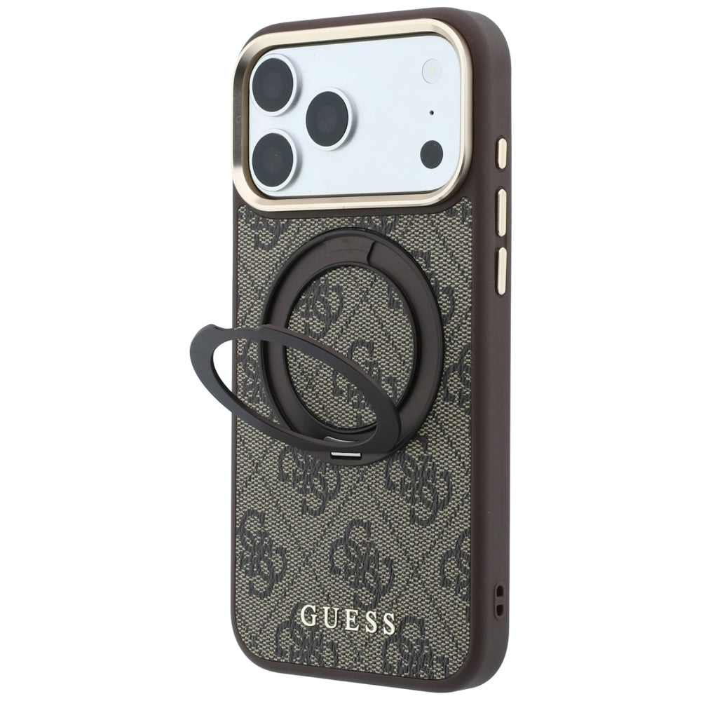 MagSafe-Hülle für Apple iPhone 18 Pro Max / 17 Pro Max, Guess, Ring Stand 360 4G Classic Logo, Braun