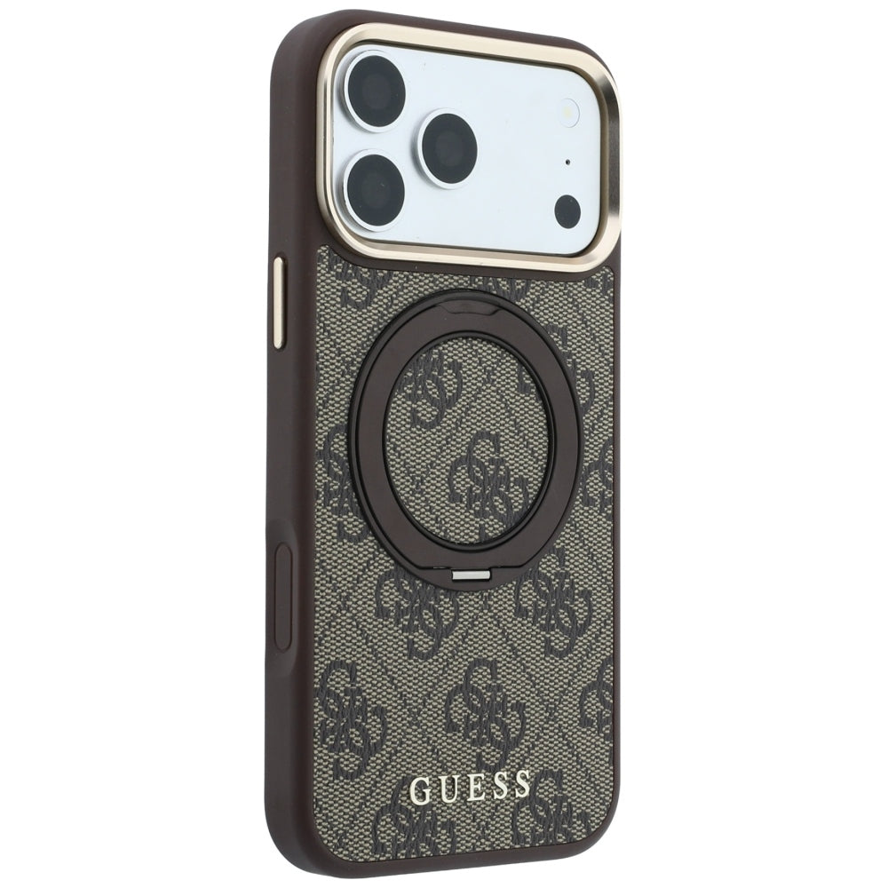 MagSafe-Hülle für Apple iPhone 18 Pro Max / 17 Pro Max, Guess, Ring Stand 360 4G Classic Logo, Braun