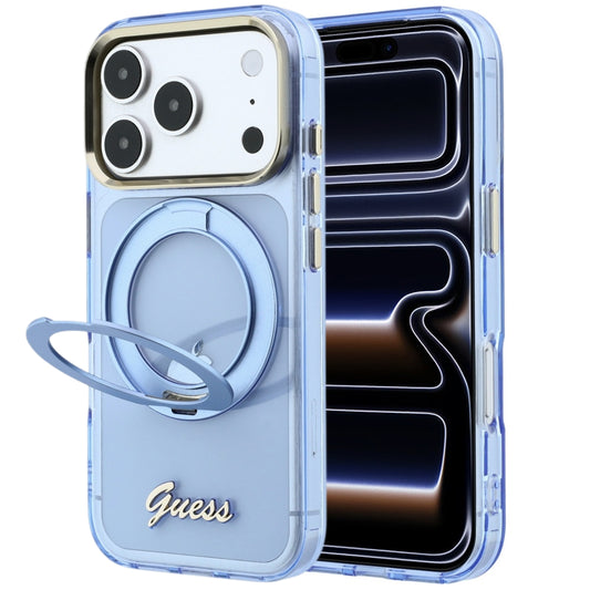 MagSafe-Hülle für Apple iPhone 18 Pro Max / 17 Pro Max, Guess, Ring Stand Script Metall-Logo, Blau