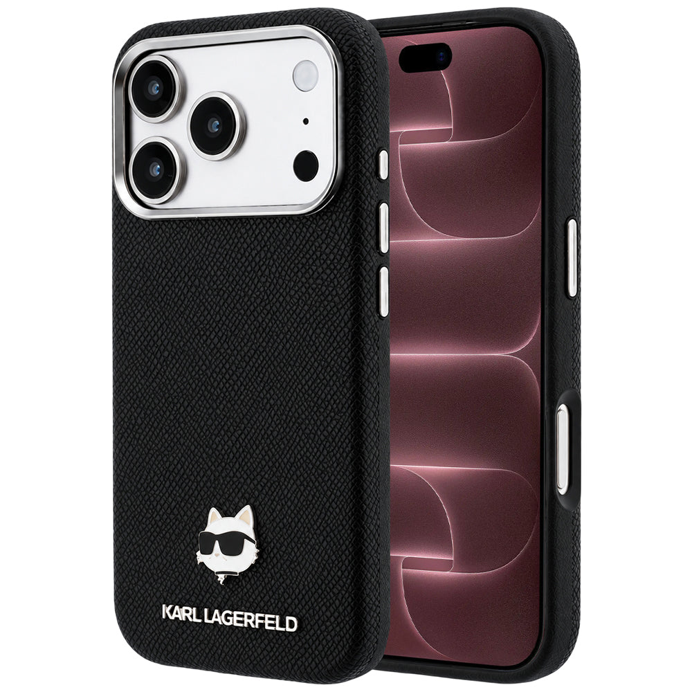 MagSafe-Hülle für Apple iPhone 18 Pro Max / 17 Pro Max, Karl Lagerfeld, Grained Choupette Head Metal, Schwarz